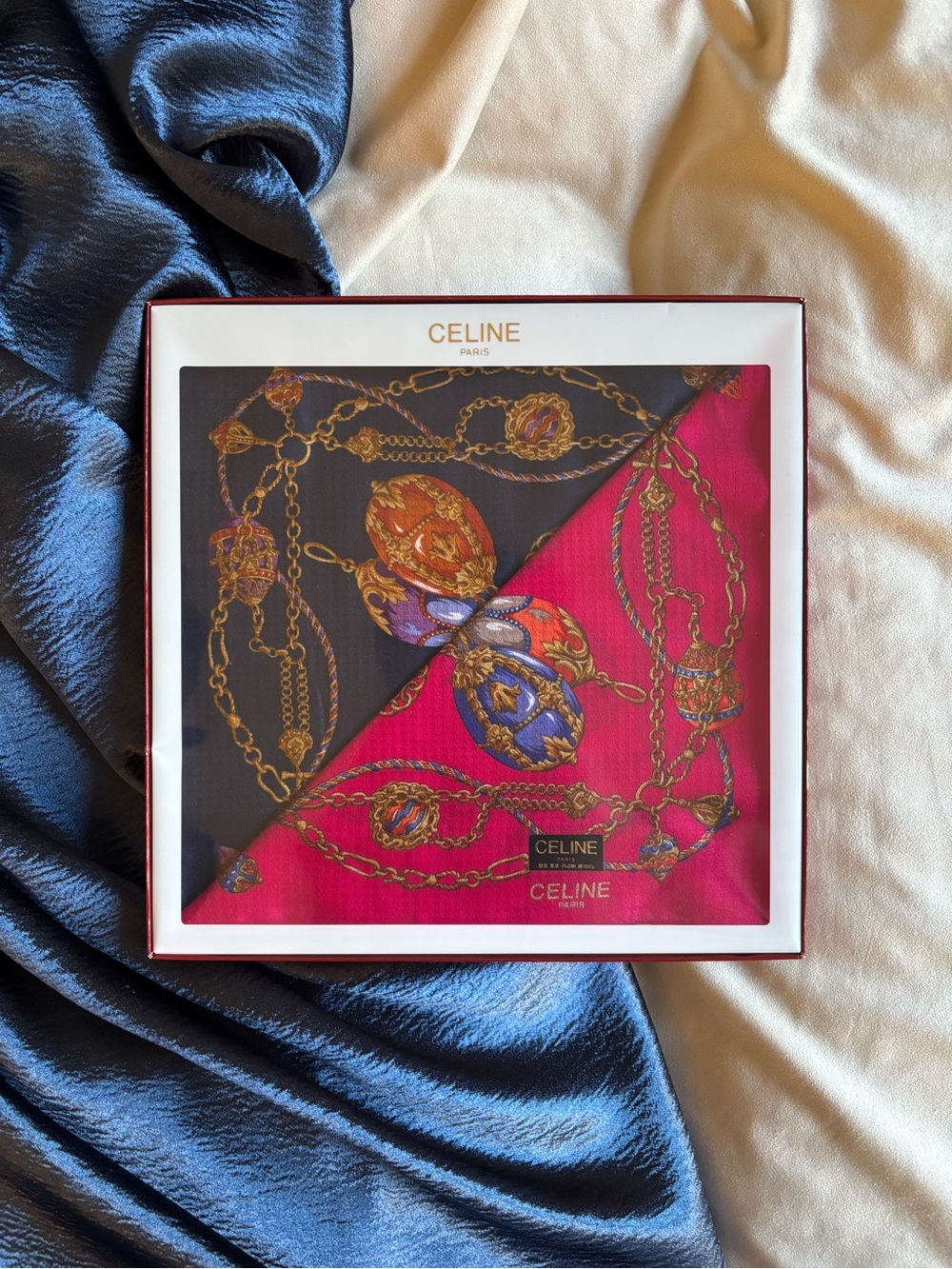 CELINE Paris Decorative Silk Handkerchief, 2 pieces set- Pink & Black